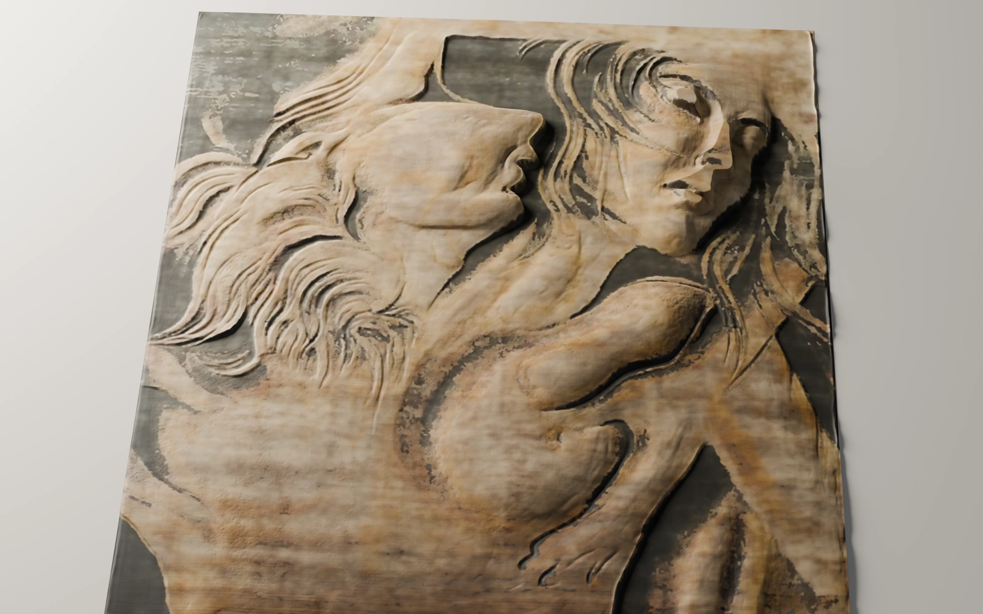 The same carving in the rug's silk colours, rendered in Blender
